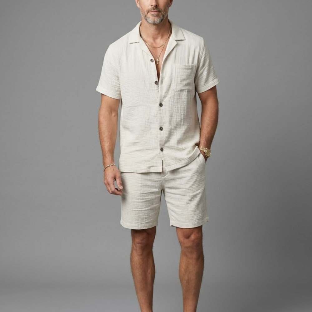 dress shirt with shorts White Camp Collar Shirt and Navy Shorts  Outfit Narrative