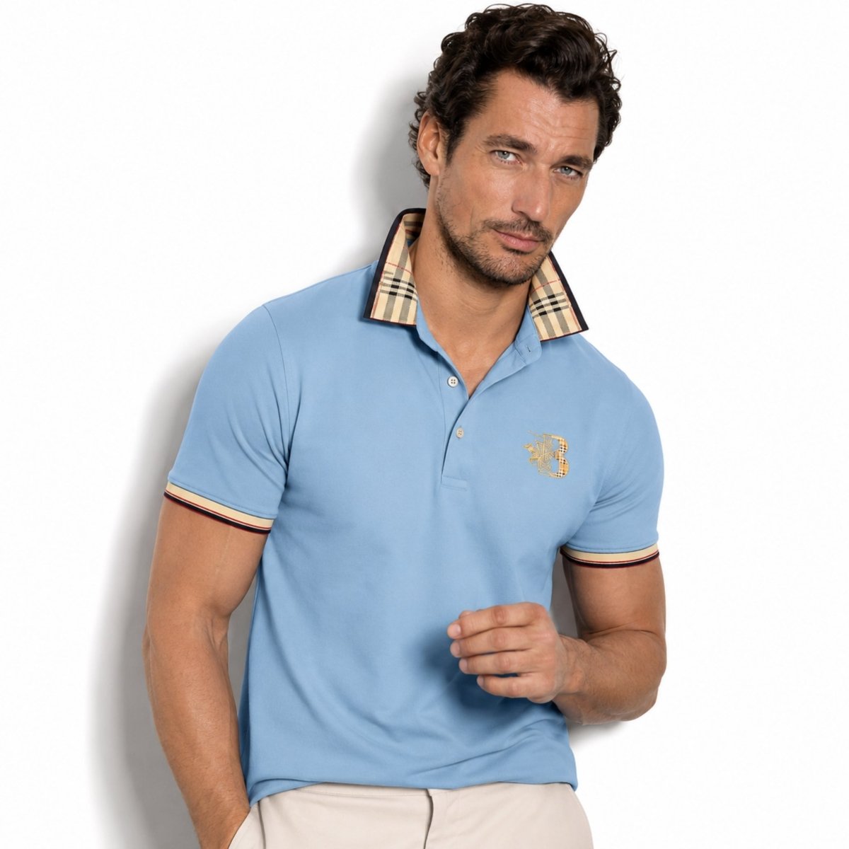 Men's Check Collar Polo in Light Blue