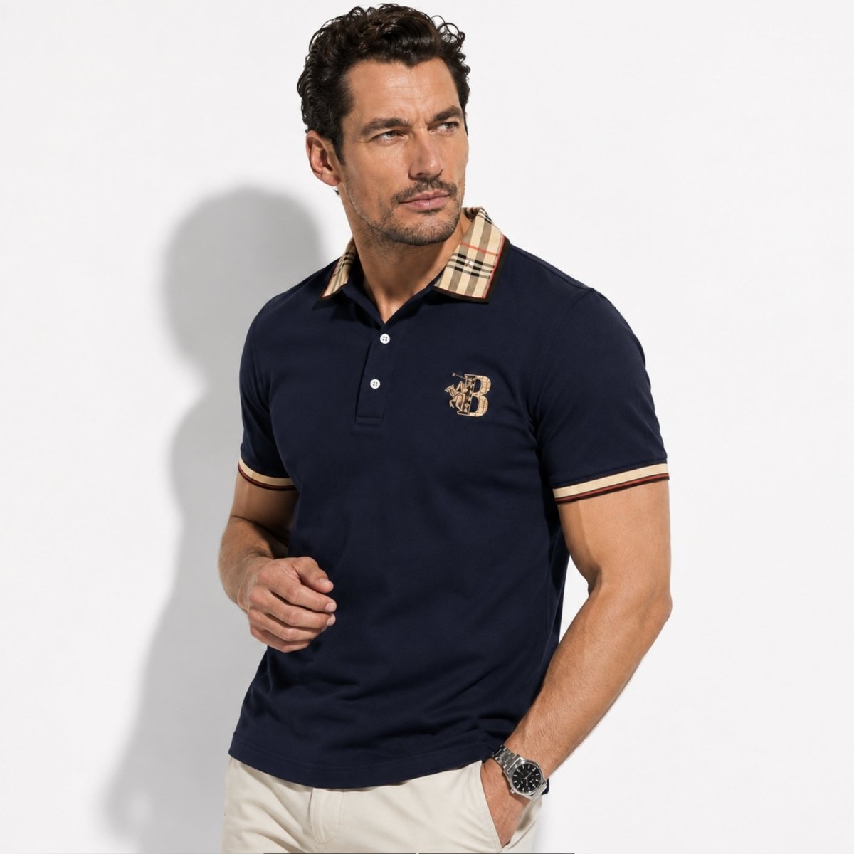 Men's Check Collar Polo in Blue