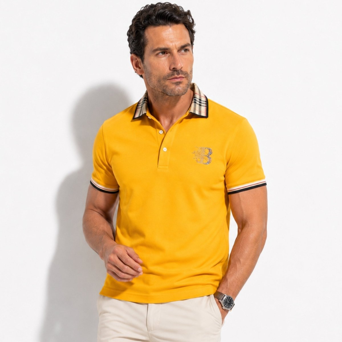 Men's Check Collar Polo in Yellow