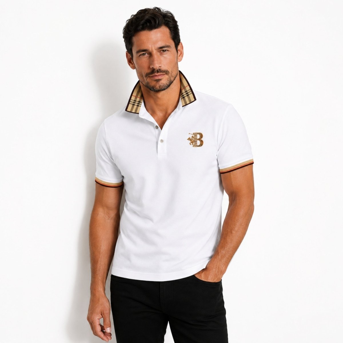 Men's Check Collar Polo in White