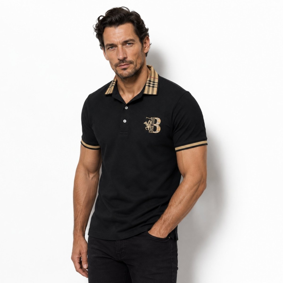 Men's Check Collar Polo in Black