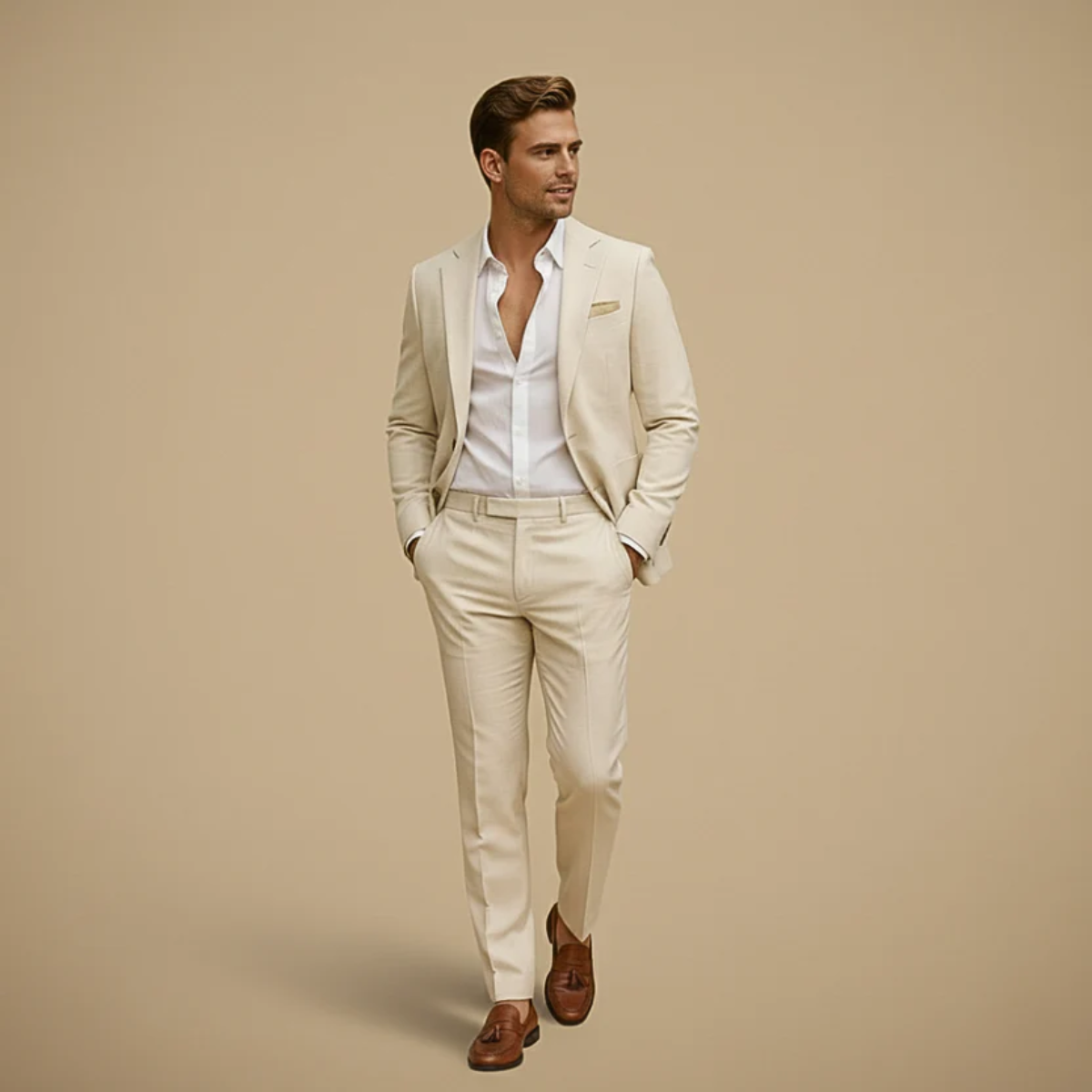 Beige Men's Tailored Two-Piece Suit