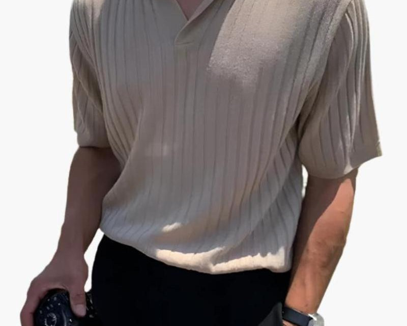 Men's Ribbed Polo in Beige