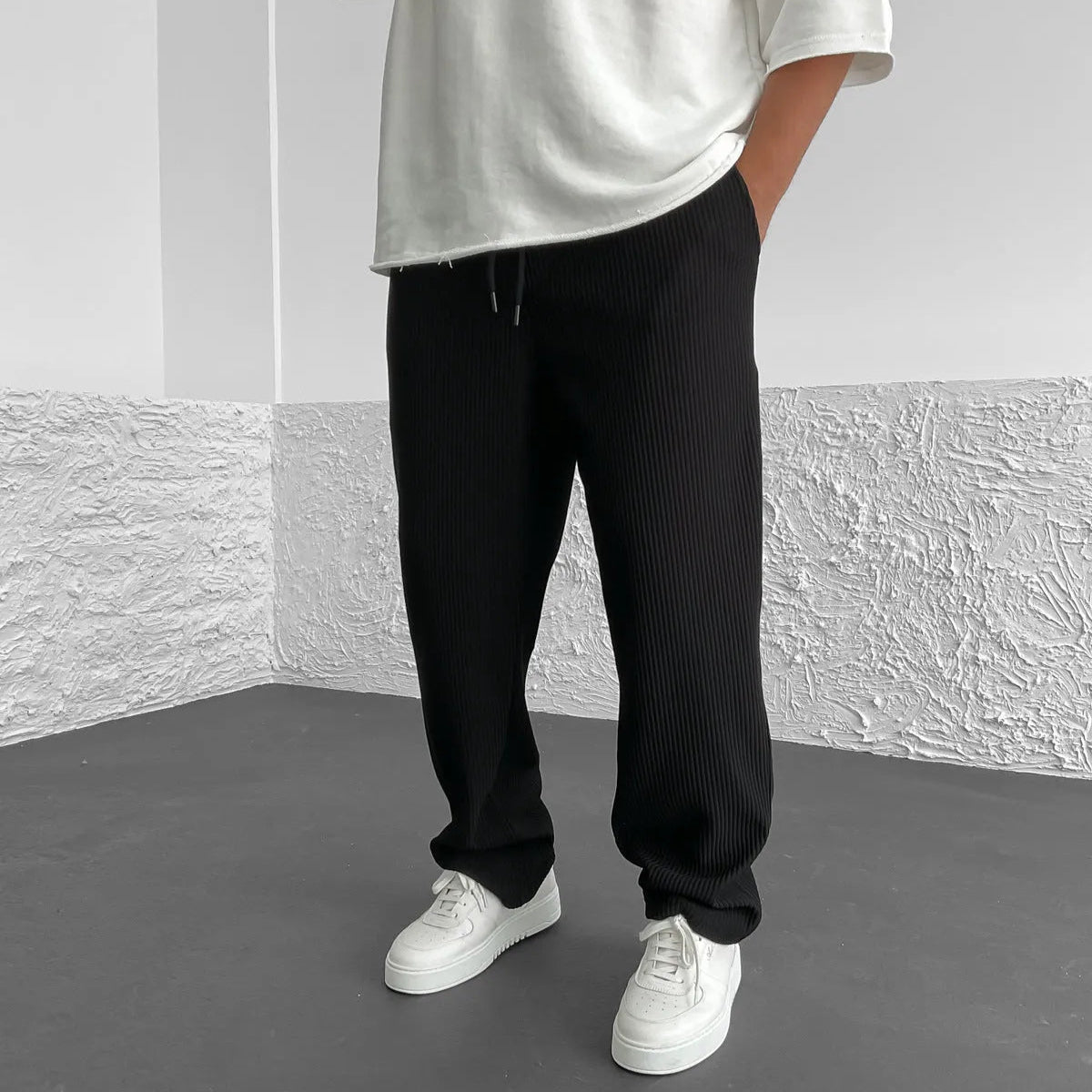Men's Ribbed Knit Pants | Relaxed Straight-Leg Drawstring Lounge Trousers
