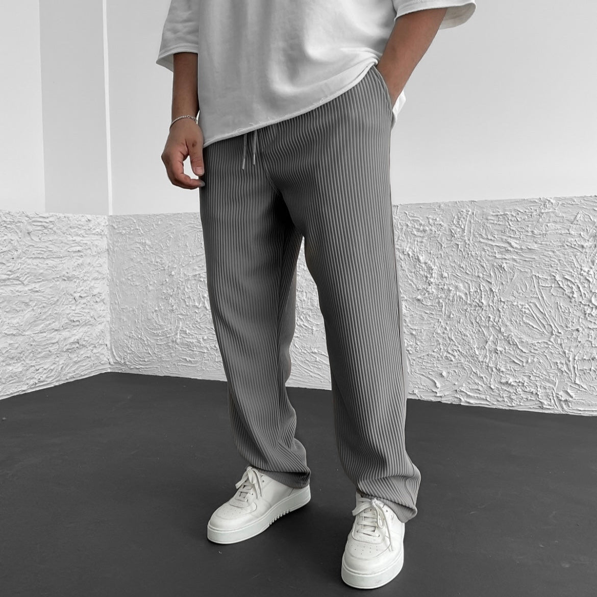 Men's Ribbed Knit Pants | Relaxed Straight-Leg Drawstring Lounge Trousers