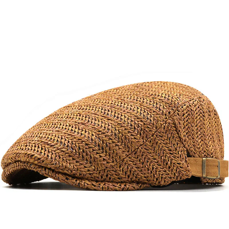 Men's Woven Straw Flat Cap | Handwoven Herringbone Summer Cap