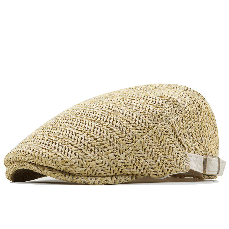 Men's Woven Straw Flat Cap | Handwoven Herringbone Summer Cap