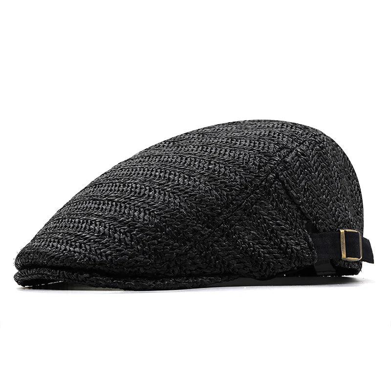 Men's Woven Straw Flat Cap | Handwoven Herringbone Summer Cap