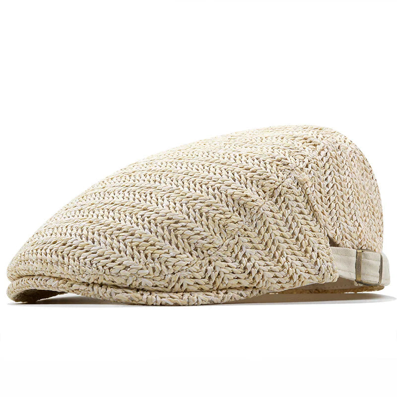 Men's Woven Straw Flat Cap | Handwoven Herringbone Summer Cap