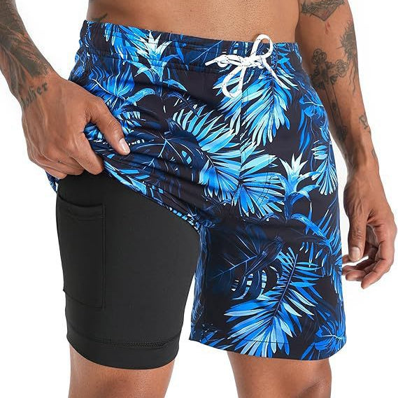 Men's Quick-Dry Tropical Print Swim Shorts | Lined Athletic Beach Shorts