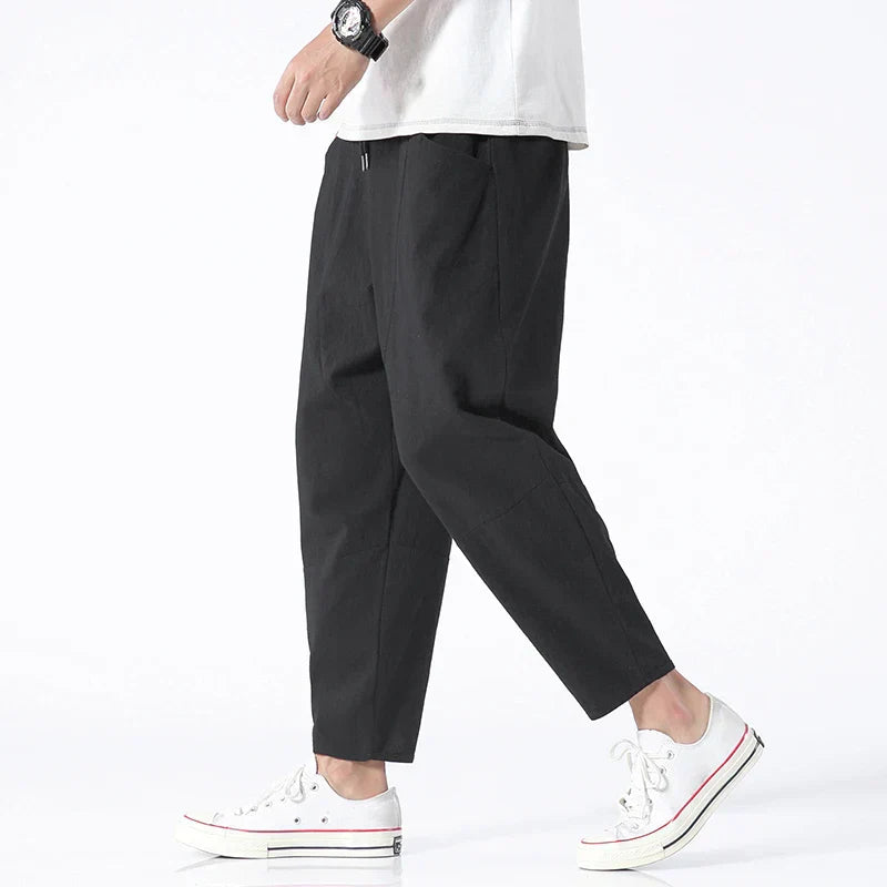 Men's Cotton-Linen Cropped Pants | Tapered Drawstring Summer Trousers