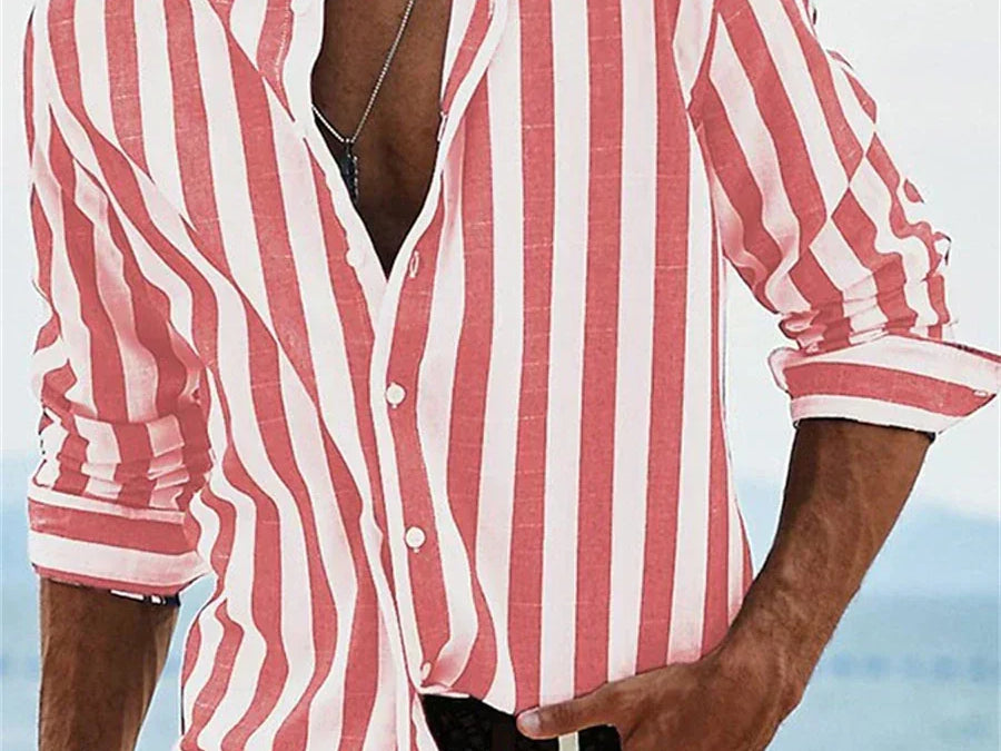 Men's Striped Long Sleeve Shirt in Red