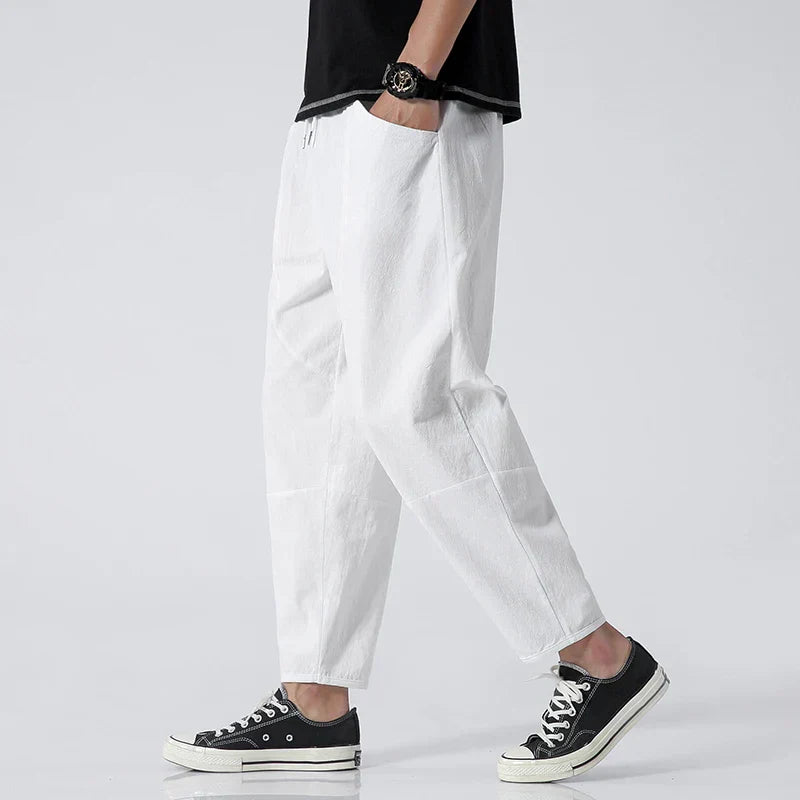 Men's Cotton-Linen Cropped Pants | Tapered Drawstring Summer Trousers