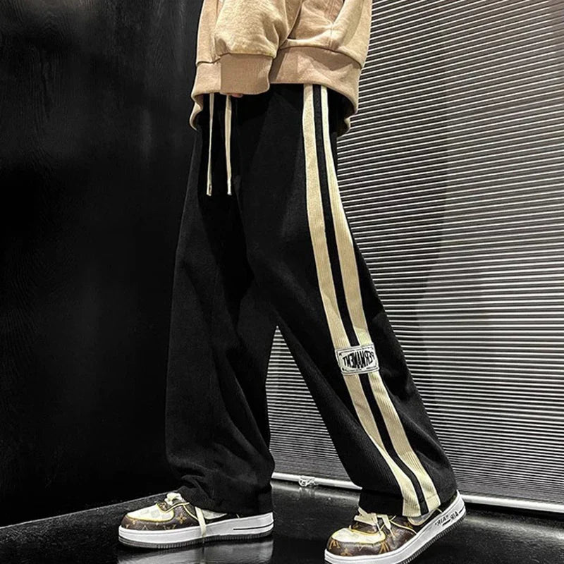 Men's Wide-Leg Drawstring Trousers | Relaxed Side-Stripe Streetwear Trousers
