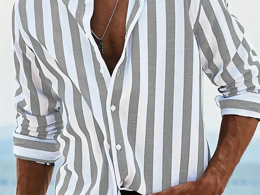 Men's Striped Long Sleeve Shirt in Light Grey