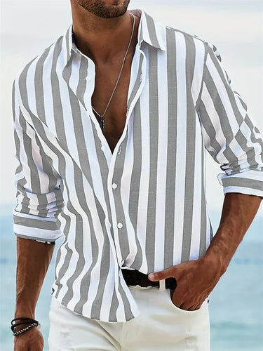 Men's Striped Long Sleeve Shirt in Light Grey