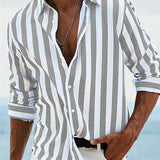 Men's Striped Long Sleeve Shirt in Light Grey