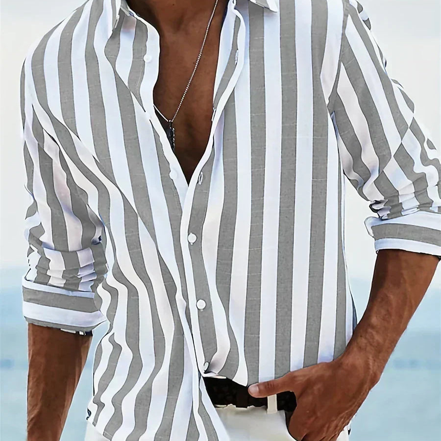 Men's Striped Long Sleeve Shirt in Light Grey