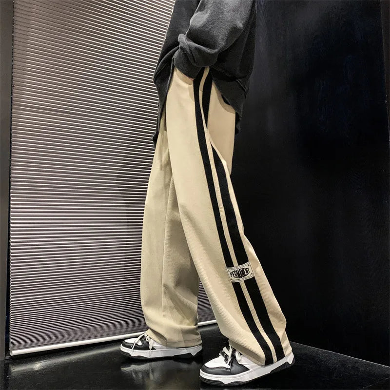Men's Wide-Leg Drawstring Trousers | Relaxed Side-Stripe Streetwear Trousers