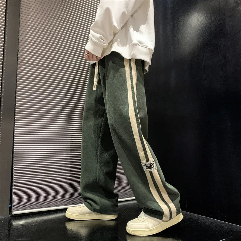Men's Wide-Leg Drawstring Trousers | Relaxed Side-Stripe Streetwear Trousers