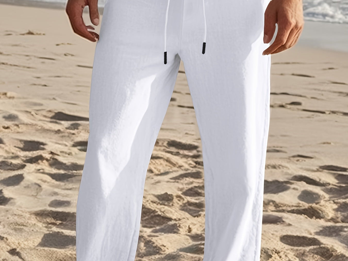 White linen drawstring pants