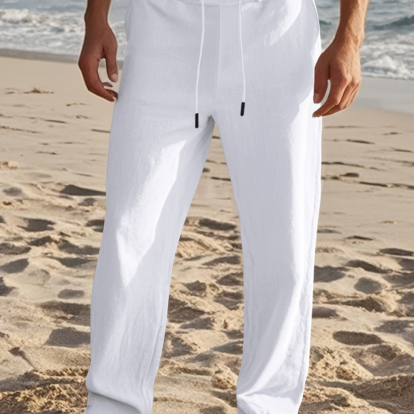 White linen drawstring pants