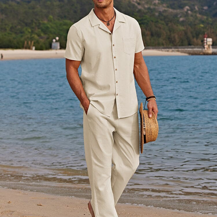 Hemd-Hosen-Set Herren | Leinenoptik, Camp-Kragen
