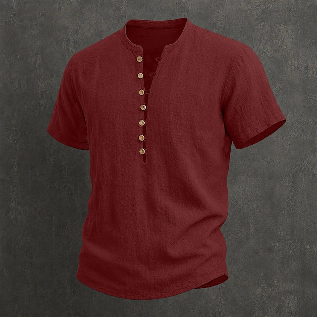 Red linen button-up shirt