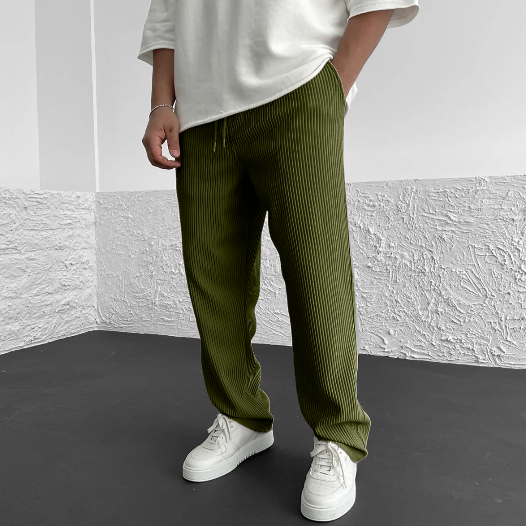 Men's Ribbed Knit Pants | Relaxed Straight-Leg Drawstring Lounge Trousers