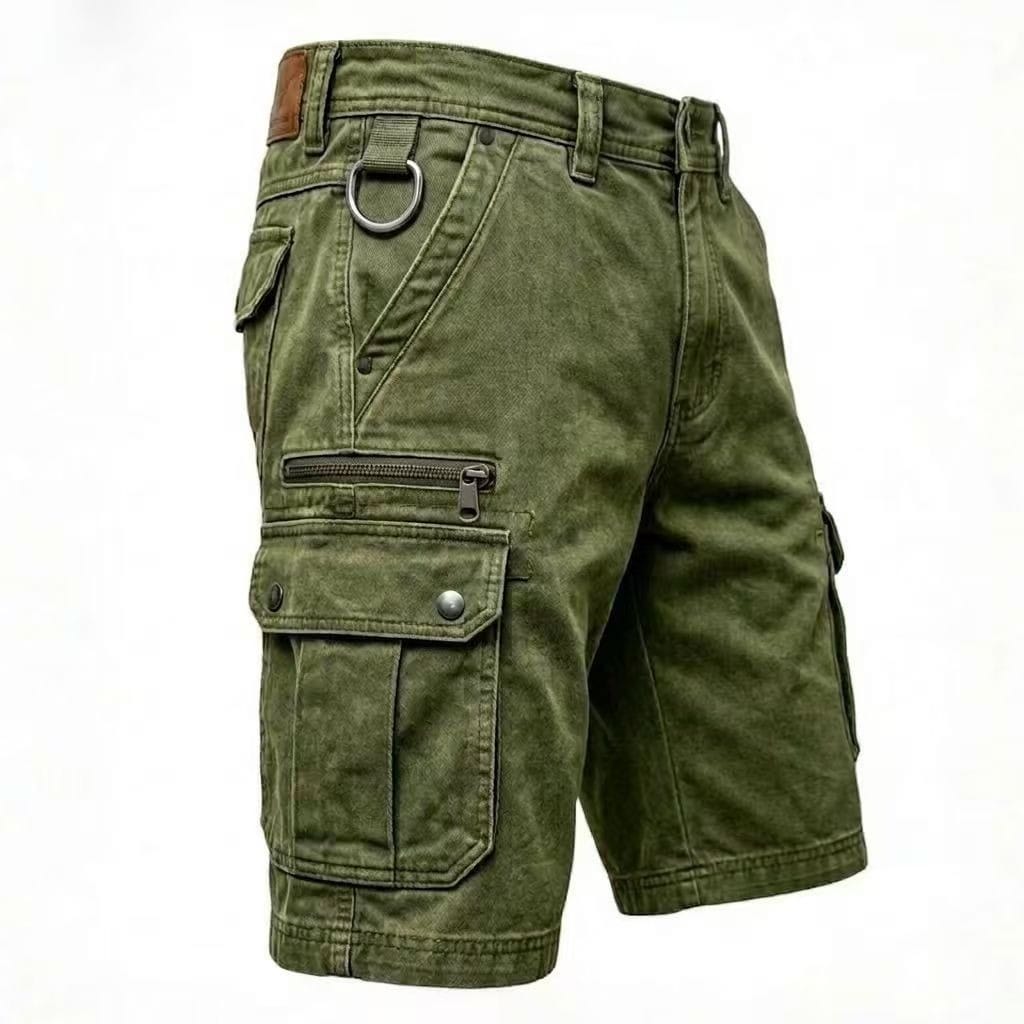 Green denim cargo shorts