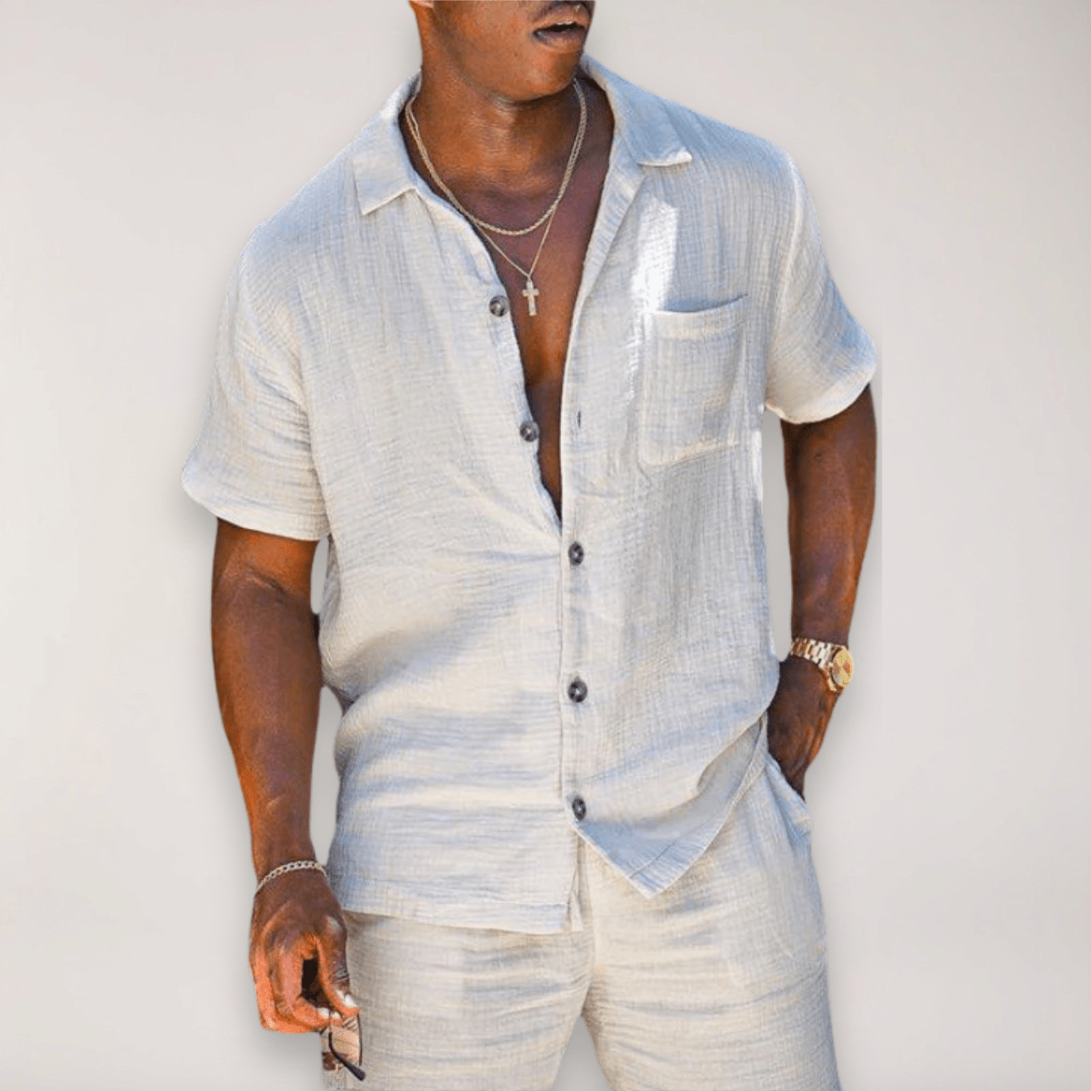 Button-Front Two-Piece Set | Short-Sleeve Shirt and Shorts Summer Outfit