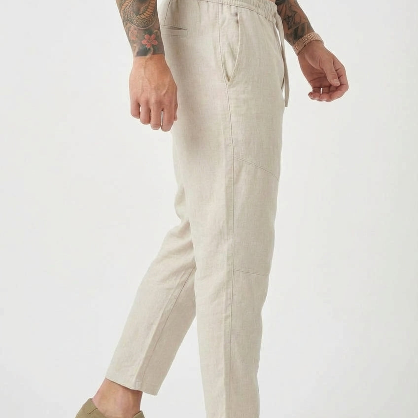 Men's Cotton-Linen Cropped Pants | Tapered Drawstring Summer Trousers